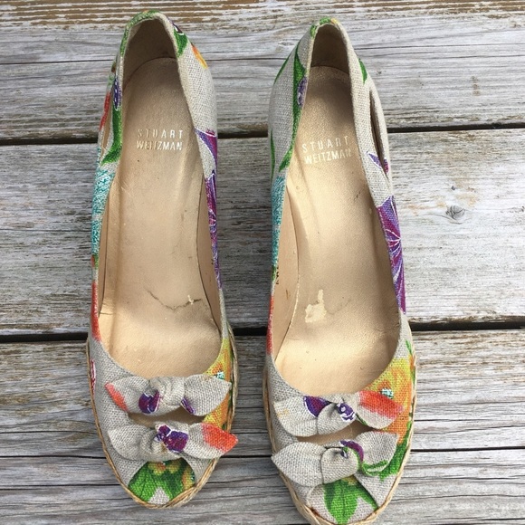 Stuart Weitzman Peep Toe Canvas Espadrille Wedge 8 - Picture 6 of 15